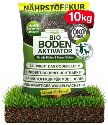Produktbild von Bodenaktivator Dünger - Nährstoffkur für müde Böden - Garten Bodenverbesserer mit Spezialformel - Rasen, Neuanlage & Nachsaat wachsen schnell und sicher an - 10kg