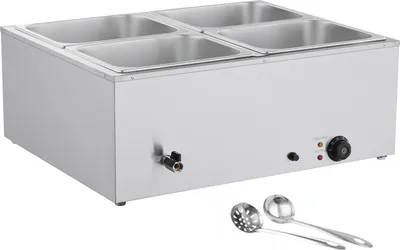 Produktbild von SucceBuy Kommerzieller Speisenwärmer mit 4 Behältern (1/2 Größe), 1,5 kW elektrischer Wärmebehälter aus Edelstahl, inklusive Abdeckungen und Suppenkelle – ideal für Catering, Restaurants und Partys