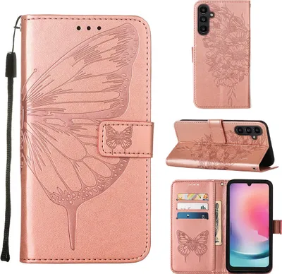 Produktbild von Lederhülle für Samsung Galaxy A05S Schmetterling Prägung Flip Ledertasche Kartenfächer Handyhülle mit Ständer Pink