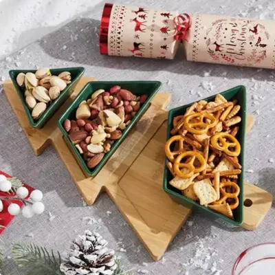 Produktbild von MIKONI Servierplatte | WEIHNACHTSBAUM | Servierteller Keramik & Bambus Dipschale Servierbrett Bambustablett Snackschale Schalen Dippschale Tischdeko