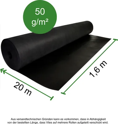 A roll of black landscape fabric is shown unrolled on a white background, with dimensions indicated.