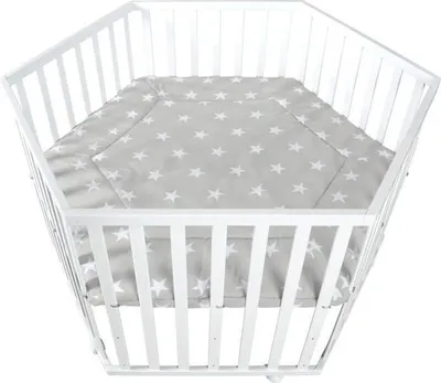 Immagine prodotto di Box esagonale, regolabile in altezza, imbottitura, rotelle con freno, legno laccato bianco, design LITTLE STARS, 119 x 103,5 x 72,5 cm
