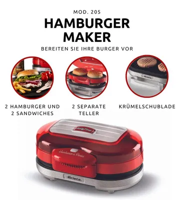Produktbild von Ariete 205R Party Time Hamburger Maker rot, 1.200 Watt