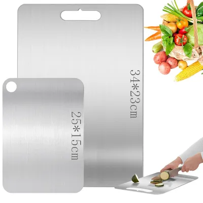 Image de Lot de 2 planches à découper en titane et en acier inoxydable, sans BPA, planche à découper double face en titane de qualité alimentaire pour la viande, le pain, les légumes et les fruits