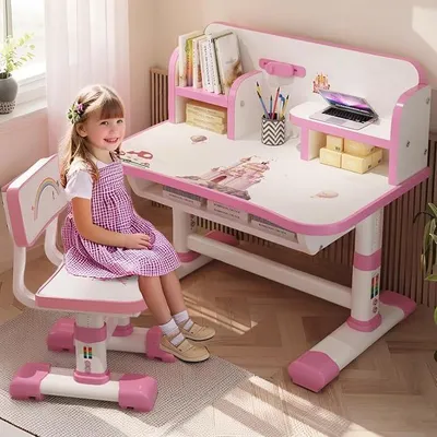 Imagen del producto de Conjunto de escritorio y silla para niños, escritorios infantiles, escritorios para niños y niñas para habitaciones infantiles, conjunto de escritorio y silla infantil con altura ajustable y cajón