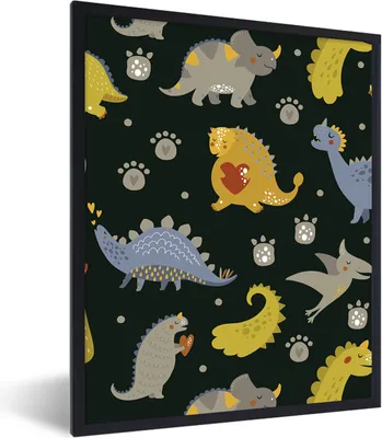 Produktbild von MuchoWow® Gerahmtes Poster Dino - Kinder - Schnittmuster - Jungen - Mädchen - Dinosaurier 60x80 cm - Poster mit Schwarzem Bilderrahmen Wandposter Rahmen Foto Bilder - Premium - Wanddeko Wohnzimmer