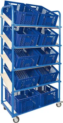 Produktbild von Schrägbodenwagen, 5 Ebenen, 4 Lenkrollen + 10 Eurokisten 600x400x240mm, blau
