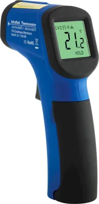 A blue and black infrared thermometer with a green digital display.