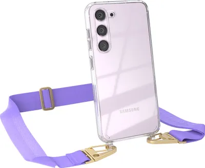 Produktbild von EAZY CASE - Hülle mit Band für Samsung Galaxy S23, Handyhülle mit Umhängeband, Silikonhülle transparent, Handykette in Violett