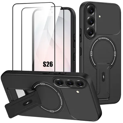 Image de Coque + 2 Verres Trempés pour Samsung Galaxy S26, Protection avec Cercle Magnétique Support - Noir