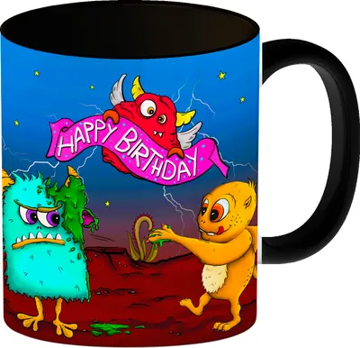 Produktbild von Happy Birthday Kaffeebecher Henkel und Innenseite Schwarz mit Monster