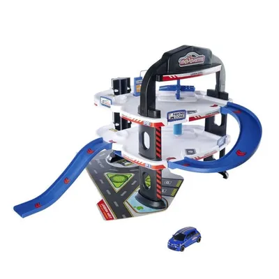 A toy garage playset with a small blue car.