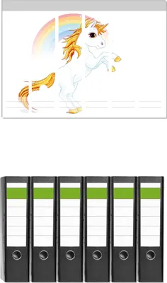 Produktbild von Wallario 6 Stück breite Ordner inkl. Klebeetiketten mit Motive Weißes Einhorn vor einem Regenbogen -  Set mit Rückenschildern / Ordnerrücken Stickern