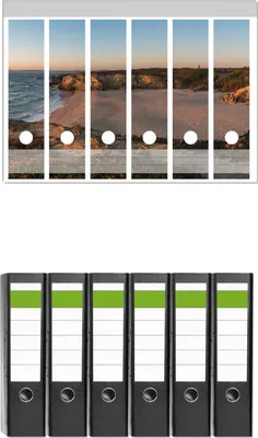 Produktbild von Wallario 6 Stück breite Ordner inkl. Klebeetiketten mit Motive Sandstrand zwischen Felsen -  Set mit Rückenschildern / Ordnerrücken Stickern