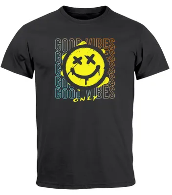 Produktbild von Herren T-Shirt Smiling Face Good Vibes Print Aufdruck Bedruckt Teachwear Fashion Streetstyle Neverless® anthrazit 4XL