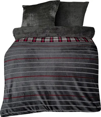Produktbild von Winter Bettwäsche Teddy Plüsch Nicki Flauschig Kuschelig Warm Weich Soft Fleece, Größe:2 teilig 155x220 cm, Farbe:Gestreift Streifen anthrazit rot