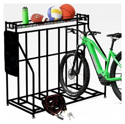Produktbild von Fahrradständer für 4 Fahrräder mit Korb und Haken: Freistehender Fahrradhalter für Garage, MTB und E-Bike - Stabiler Metallständer mit Schloss - Schwarz