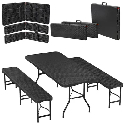 Produktbild von Faziango Bierzeltgarnitur 3-tlg., Tisch+2 Bänke, klappbar, Rattan-Look Schwarz – 180 x 74 x 74 cm – Gartenmöbel-Set Festzeltgarnitur Sitzgarnitur