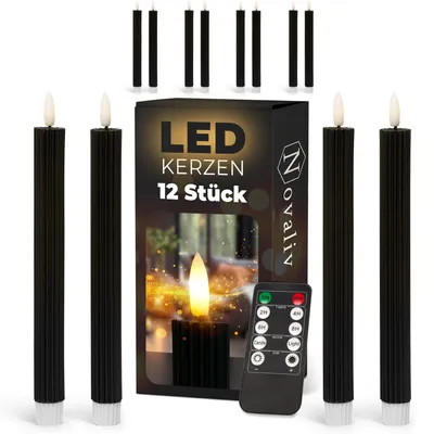 Produktbild von Stabkerzen LED mit Timer SCHWARZ 12 Stück indoor 6 Stunden ECHTWACHS gerippt 23cm Höhe für Kerzen 2,2cm Durchmesser 2 AAA Batterien notwendig LED Stabkerzen 2er Set (drei Mal) bewegliche Flamme