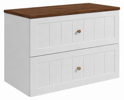 Produktbild von Badezimmerschrank hängend 80 mit Schubladen, Korpus in Weiß + Platte in Eiche Nussbaum, 80 x 46 x 58,6 cm, KI-generiertes Bild
