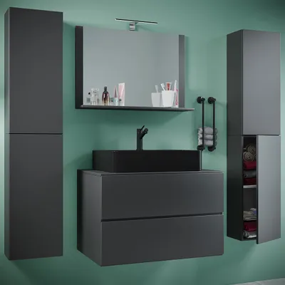 Produktbild von VCM 5-tlg. Waschplatz Waschtisch | schwarzes Waschbecken Unterschrank Breite 60 cm |  Badmöbel Set mit Schubladen Drehtüren Spiegel | Lendas S BL