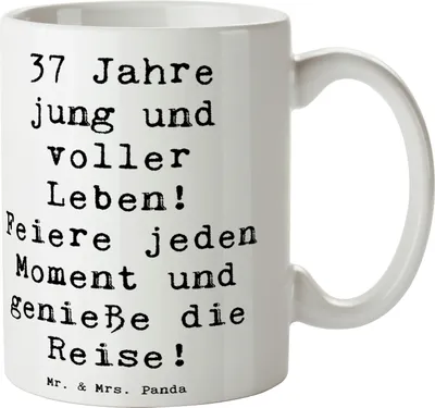 Produktbild von Mr. & Mrs. Panda Kaffeebecher Spruch 37. Geburtstag Lebensfreude - Weiß - Geschenk, Tasse, Happy Birthday, Bedruckte, Dankbarkeit, Kaffeetasse, Trinkbecher, Keramiktasse