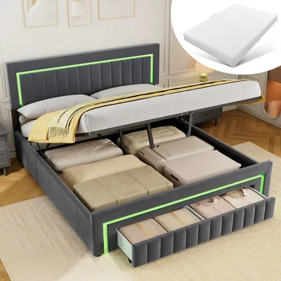 Immagine prodotto di Letto matrimoniale MODFU con struttura a molle, dimensioni 180x200, completo di materasso, contenitore portaoggetti e cassetti su ruote, imbottito con testiera LED e rete a listelli, colore grigio