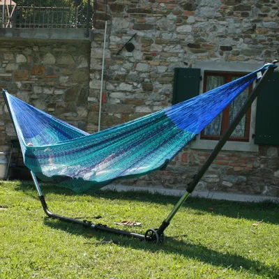 Produktbild von MacaMex Cuba GiganteHängemattenset mit Mexikanischer Netzhängematte Caribe blau 3 Personen Hängematt
