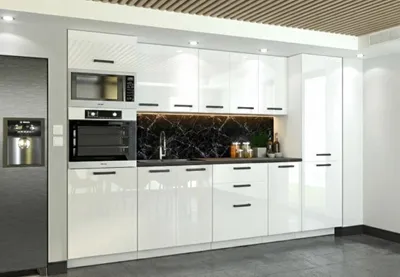 Produktbild von ULWEHOME | Küchenzeile 300 cm Weiß Hochglanz, Küchenmöbel-Set mit Gerätehochschrank, Vorratsschrank & geteilten Arbeitsplatten 100 cm