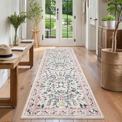 Image de Tapis antidérapant pour intérieur, motif floral, couleur rose, dimensions 60 x 180 cm, à poils courts, lavable