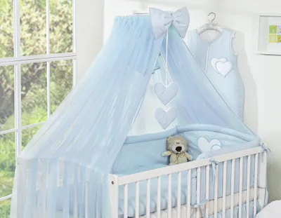 Immagine prodotto di Grande zanzariera in chiffon per culla con cuori pendenti e fiocco - blu