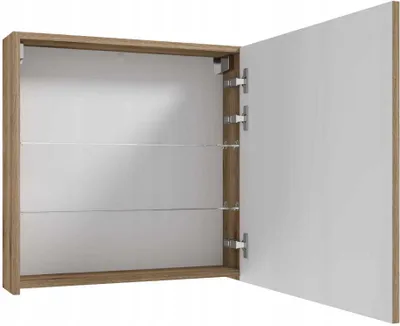 An open medicine cabinet with wooden frame and white door, showing three glass shelves inside.