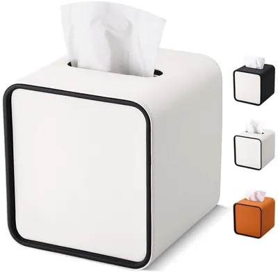 Productafbeelding van Zakdoekendoos, lederen, vierkant, voor gezichtsdoekjes, papieren zakdoekhouder, 15x15x15.8 cm, zwart-wit