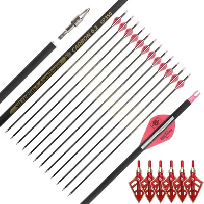 Immagine prodotto di Frecce in carbonio - Set di frecce - Lunghezza dell'asta: 500 - 82 cm - Diametro interno: 6,2 mm - 12 pezzi + 6 punte da caccia - Adatte per archi ricurvi e composti - Rosa