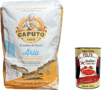 Produktbild von Caputo Aria Tipo 0 Weizenmehl für Pizza Focaccia Pinsa – italienisches Profi-Pizzamehl Farina di Grano Tenero 5 x 1kg Vorratspack + Italian Gourmet polpa