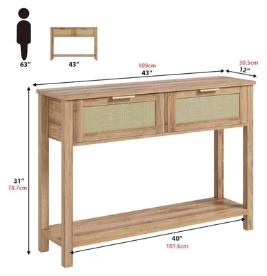 Immagine prodotto di Stile boho in rattan - Tavolino consolle in legno - Stretto - Due ripiani - Rettangolare - Effetto anticato - Per soggiorno/ingresso - Marrone
