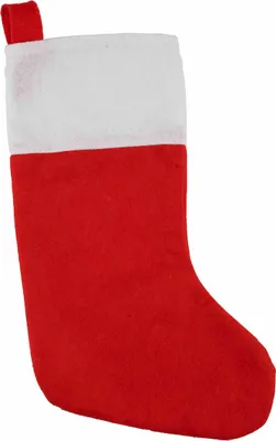 A red and white Christmas stocking is shown against a white background.