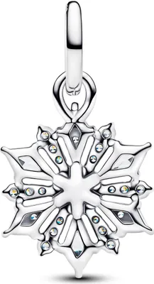 A close-up studio shot of a silver snowflake charm with clear crystal accents.