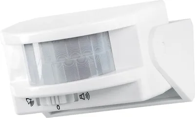 Produktbild von Bewegungsmelder, weiß, reagiert auf Körperwärme, wahlweise Gong oder Sirene, ca. 10 Meter Reichweite im 100 Grad Winkel, 40 Sek. Alarmdauer, ideal zur Türüberwachung