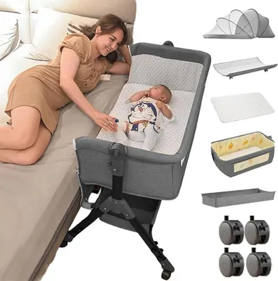 Produktbild von Next to me Beistellbett höhenverstellbar, tragbarer Stubenwagen, stabiles Babybett 3-in-1, mit waschbarer Matratze, Wickeltisch, Aufbewahrungstasche, 4 feststellbare Räder, Moskitonetz, für 0