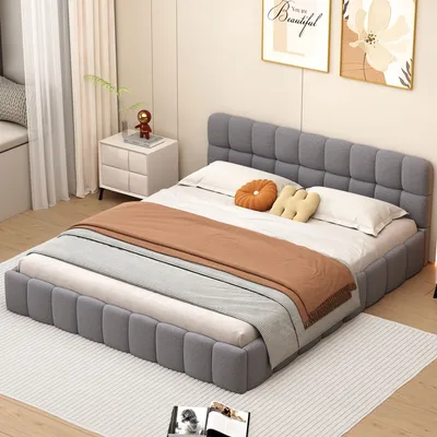 Obrázok produktu pre CDGlobal Čalúnená posteľ 140 x 190 cm, posteľ pre mladých, manželská posteľ s mäkkým operadlom, plochá posteľ s čalúneným rámom, lamelový rošt ľan sivý