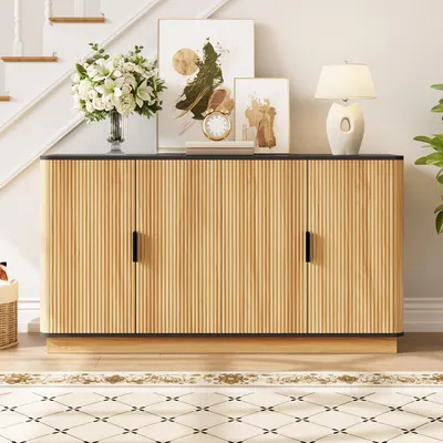 Image de Buffet Merax à 4 portes avec rainures verticales, commode à étagères, meuble de rangement, meuble de salon avec une discrète structure ondulée, finition naturelle