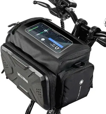 A black bicycle frame bag with a smartphone mounted on top, displaying a navigation app.