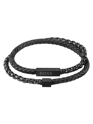Produktbild von BOSS Doppelt gewickeltes Armband aus Leder und Stahl, Schwarz One Size