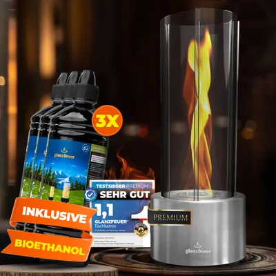 Produktbild von GLANZFEUER® Tischkamin -PremiumEthanol Tischkamin Tischfeuer Outdoor & Tischfeuer Indoor - Hochwertiger Bioethanol Tischkamin Outdoor Tisch Feuer
