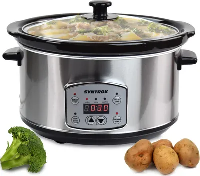 Produktbild von Syntrox Germany Slow Cooker Annot 4,5L – Schongarer, Multikocher, Schmortopf, energiesparend, programmierbar, spülmaschinengeeignet, Edelstahl