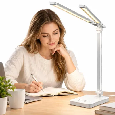 Produktbild von Tischlampe LED, flexible Schreibtischleuchte mit 2 Lichtköpfen, 10 W, 5 V, CRI >80, 5 Dimmstufen, 45-Minuten-Timer und 180° Faltfunktion