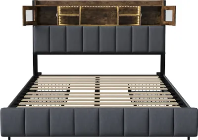 Produktbild von UnboxG Polsterbett Bett 140x200 cm Doppelbett, Polsterbett Stauraum-Kopfteil ,Bett mit Aufladen USB und LED-Beleuchtung,Funktionsbett mit 4 Schubladen, Leinen, Schwarzrz