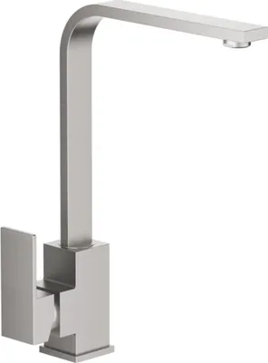 A modern kitchen faucet with a brushed steel finish.