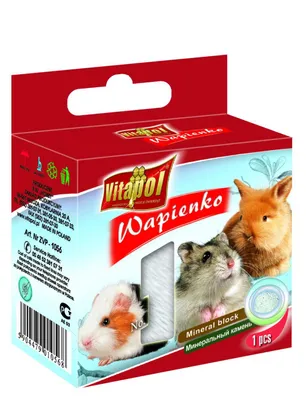 A product box for a mineral block for rodents, featuring images of small animals.